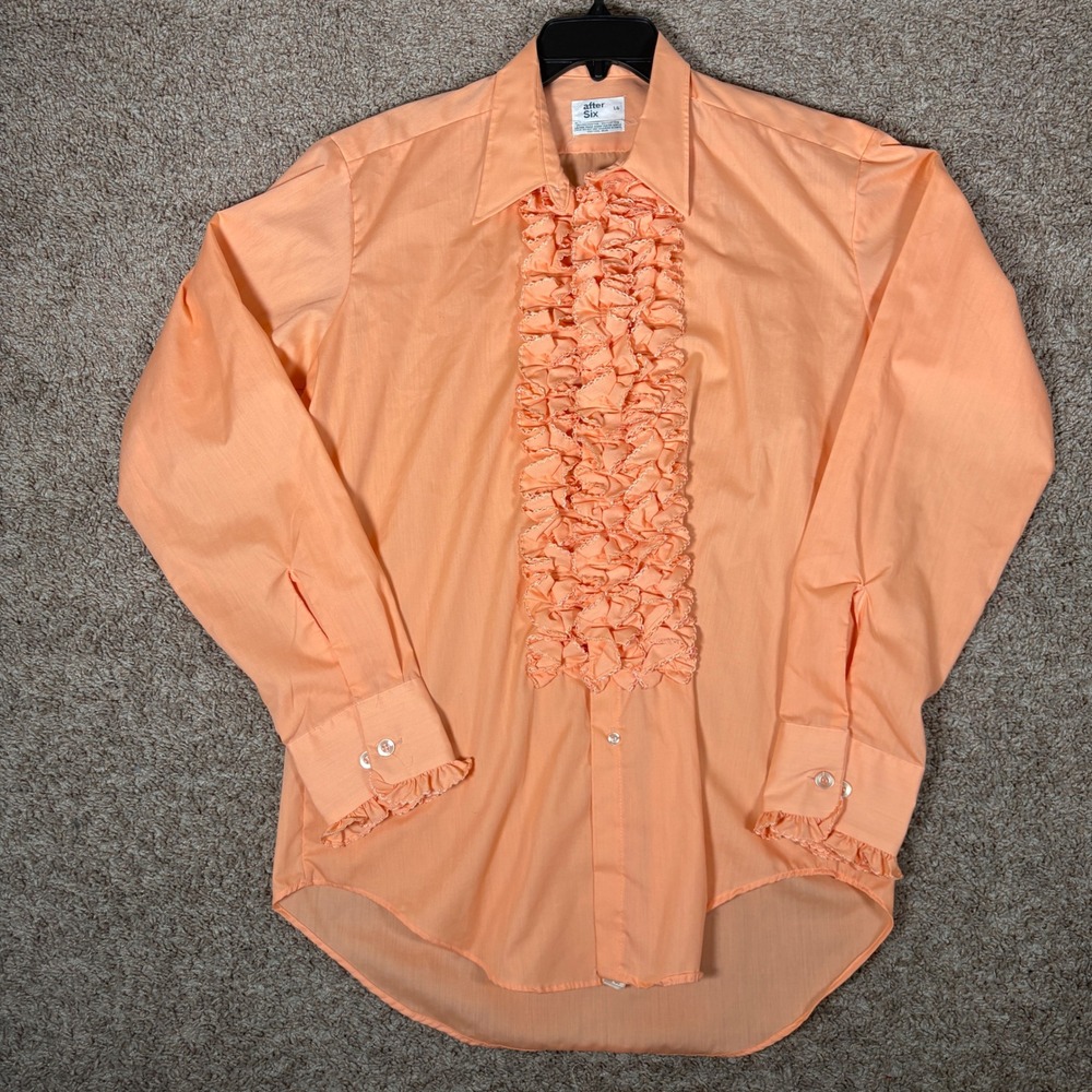 After Six Vintage 70s Ruffled Tuxedo Shirt Peach Orange Mens Large L6 9332